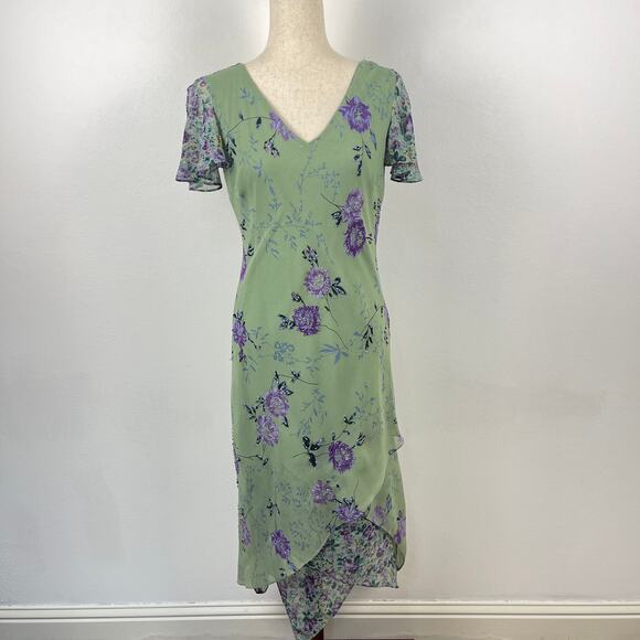 Vintage 90s y2k Eva Blue Green Purple Fairy Whimsy Floral Midi Dress Size Small - Picture 1 of 13